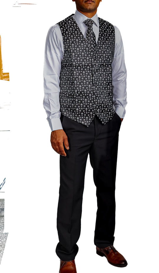 Christmas Men's Black White Snowflake Silk Tie Hanky Cufflinks Waistcoat Vest Set-MJ-2558 - SimonVon Shop