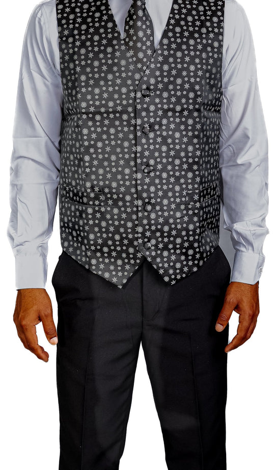 Christmas Men's Black White Snowflake Silk Tie Hanky Cufflinks Waistcoat Vest Set-MJ-2558 - SimonVon Shop