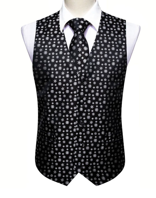 Christmas Men's Black White Snowflake Silk Tie Hanky Cufflinks Waistcoat Vest Set-MJ-2558 - SimonVon Shop