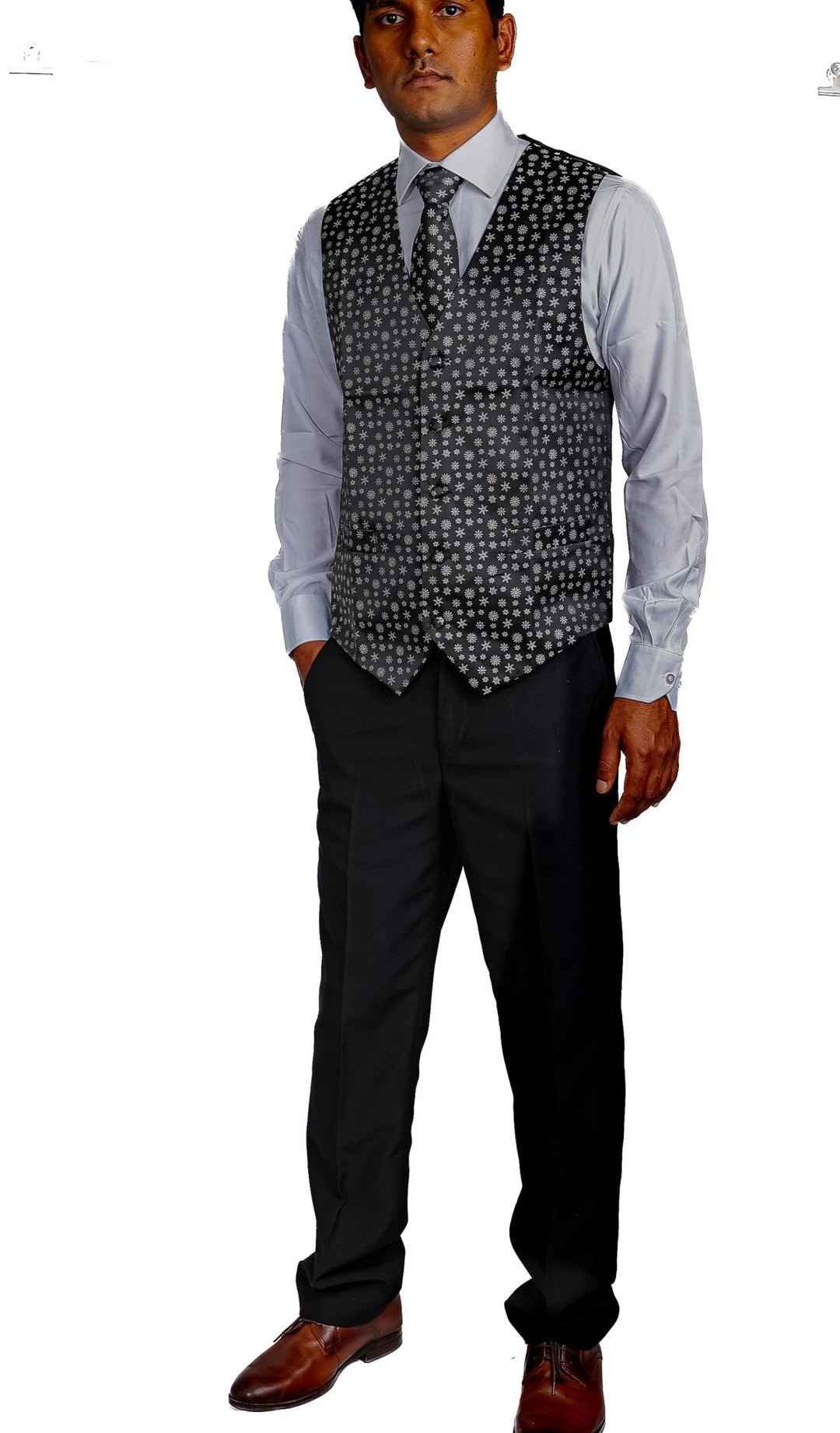 Christmas Men's Black White Snowflake Silk Tie Hanky Cufflinks Waistcoat Vest Set-MJ-2558 - SimonVon Shop