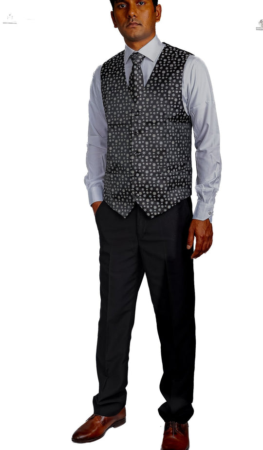 Christmas Men's Black White Snowflake Silk Tie Hanky Cufflinks Waistcoat Vest Set-MJ-2558 - SimonVon Shop