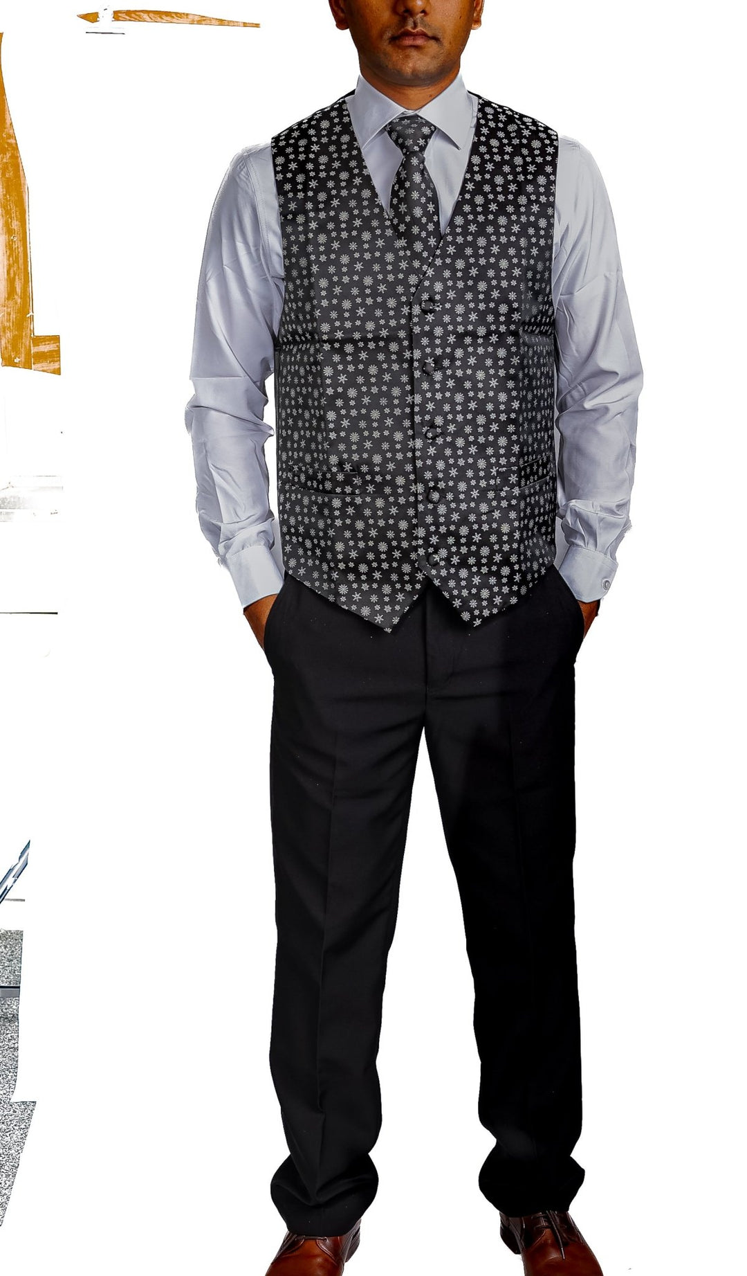 Christmas Men's Black White Snowflake Silk Tie Hanky Cufflinks Waistcoat Vest Set-MJ-2558 - SimonVon Shop