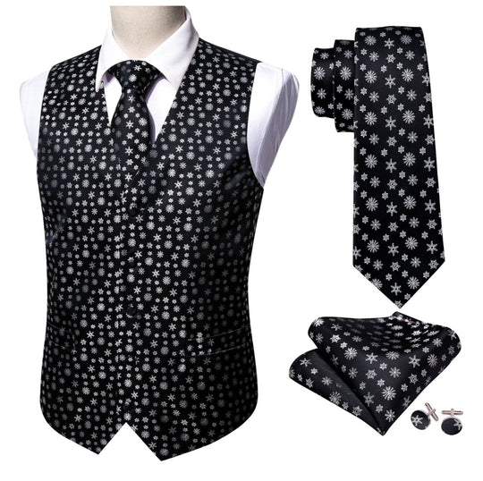 Christmas Men's Black White Snowflake Silk Tie Hanky Cufflinks Waistcoat Vest Set-MJ-2558 - SimonVon Shop