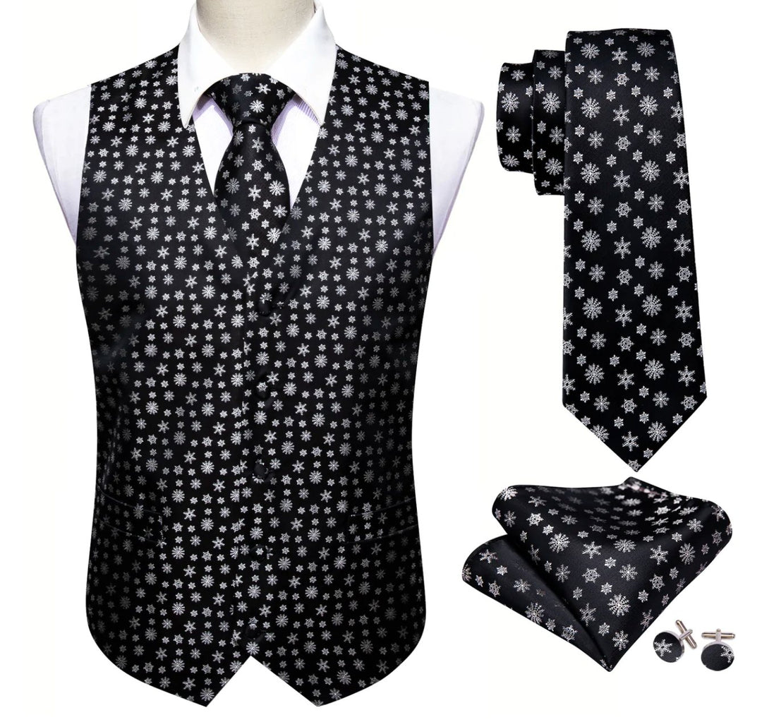 Christmas Men's Black White Snowflake Silk Tie Hanky Cufflinks Waistcoat Vest Set-MJ-2558 - SimonVon Shop