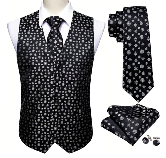 Christmas Men's Black White Snowflake Silk Tie Hanky Cufflinks Waistcoat Vest Set-MJ-2558 - SimonVon Shop