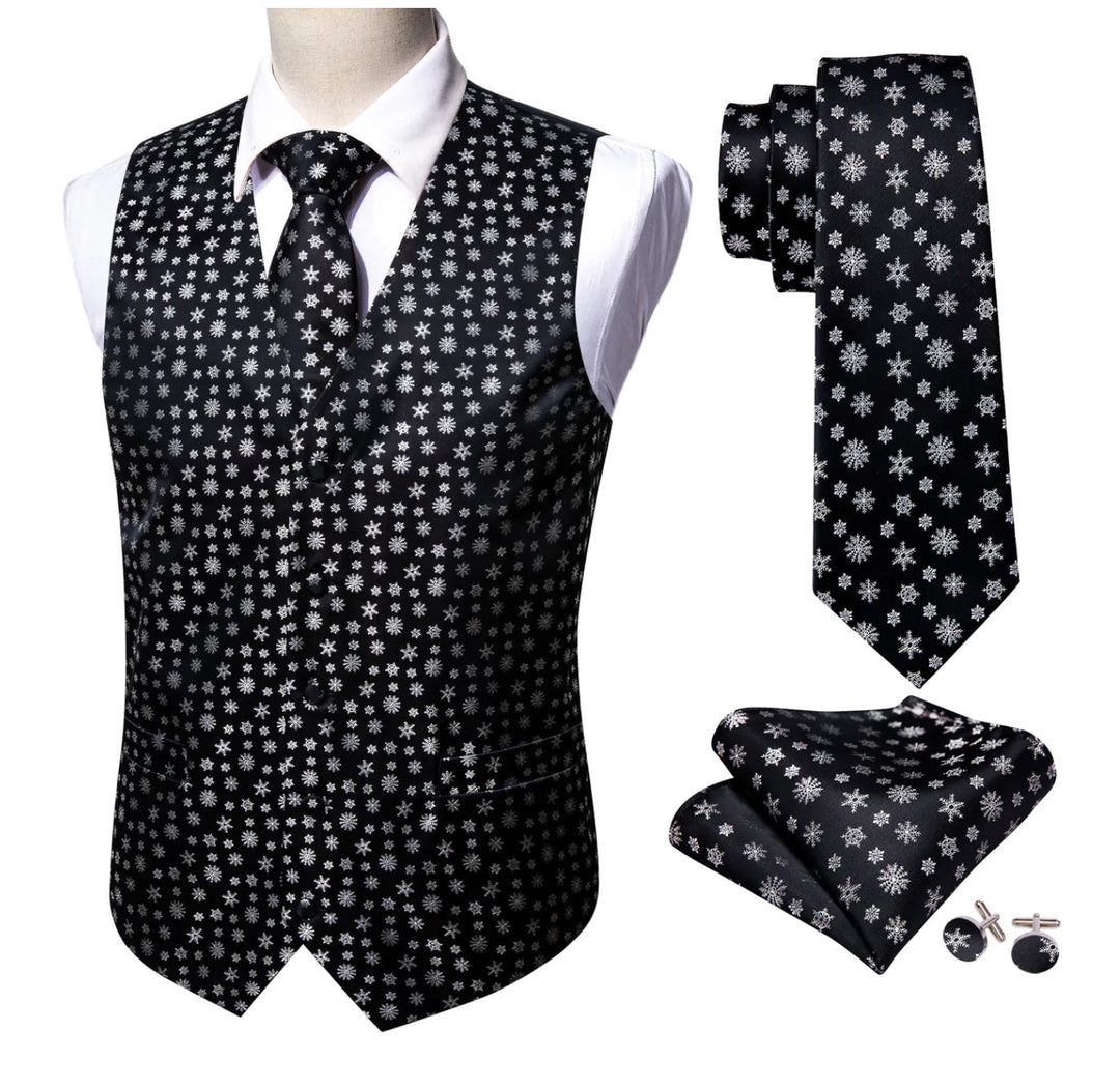 Christmas Men's Black White Snowflake Silk Tie Hanky Cufflinks Waistcoat Vest Set-MJ-2558 - SimonVon Shop