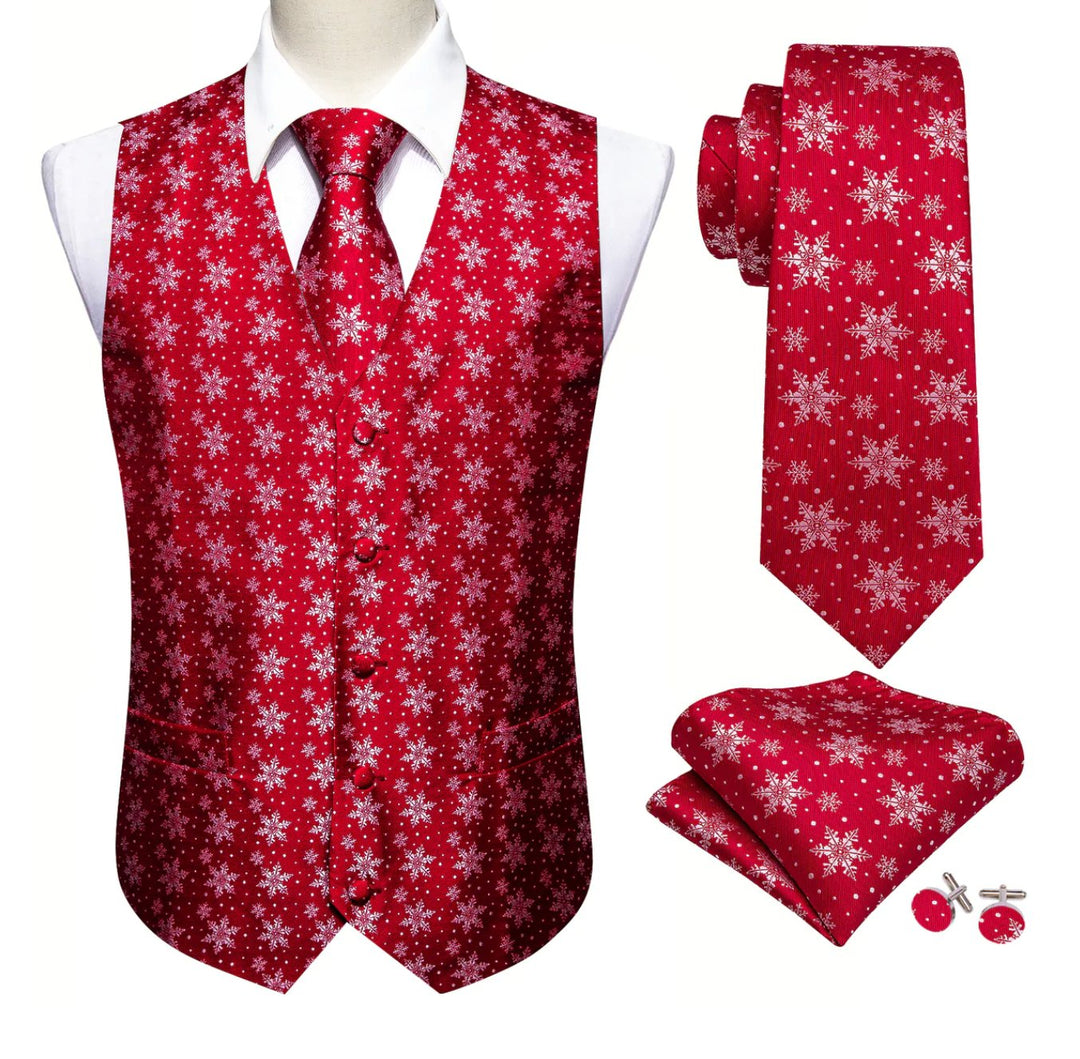Christmas Men's Red White Snowflake Silk Tie Hanky Cufflinks Waistcoat Vest Set-MJ-2576 - SimonVon Shop