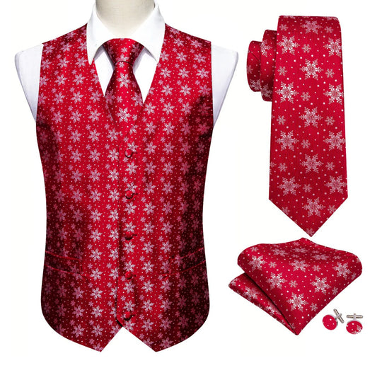 Christmas Men's Red White Snowflake Silk Tie Hanky Cufflinks Waistcoat Vest Set-MJ-2576 - SimonVon Shop