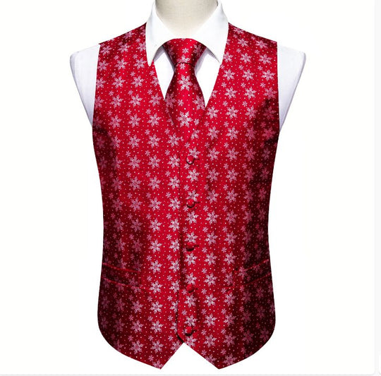 Christmas Men's Red White Snowflake Silk Tie Hanky Cufflinks Waistcoat Vest Set-MJ-2576 - SimonVon Shop