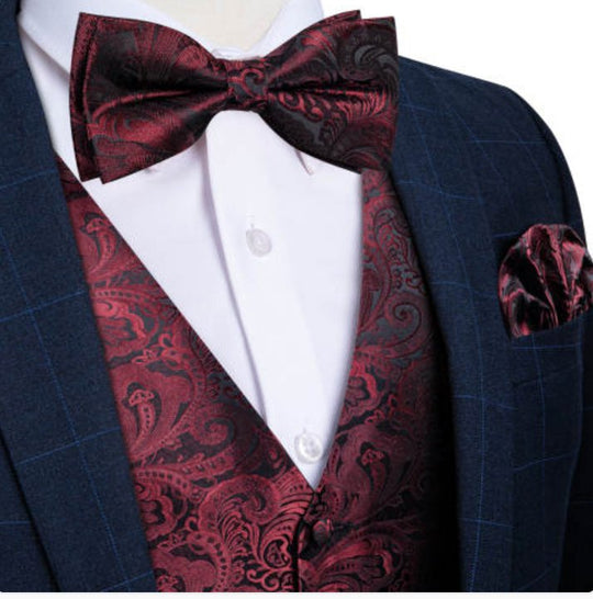 CLARET PAISLEY JACQUARD WAISTCOAT VEST BOWTIE HANDKERCHIEF CUFFLINKS SET- MJ-0179 - SimonVon Shop
