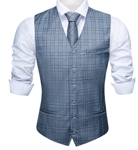 Classy Blue Black Plaid Vest Necktie Set MJ-2333 - SimonVon Shop
