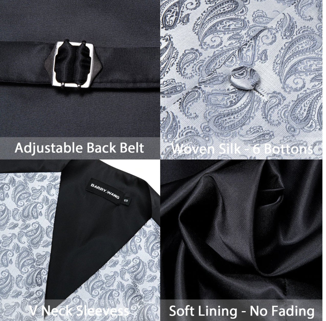 Classy Men's Grey Silver Paisley Silk Vest Necktie Pocket square Cufflinks. MJ-2019 - SimonVon Shop