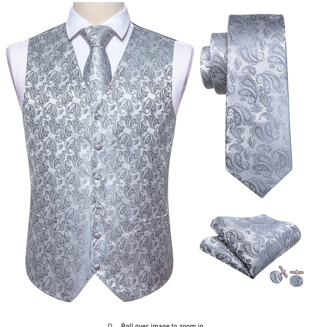 Classy Men's Grey Silver Paisley Silk Vest Necktie Pocket square Cufflinks. MJ-2019 - SimonVon Shop