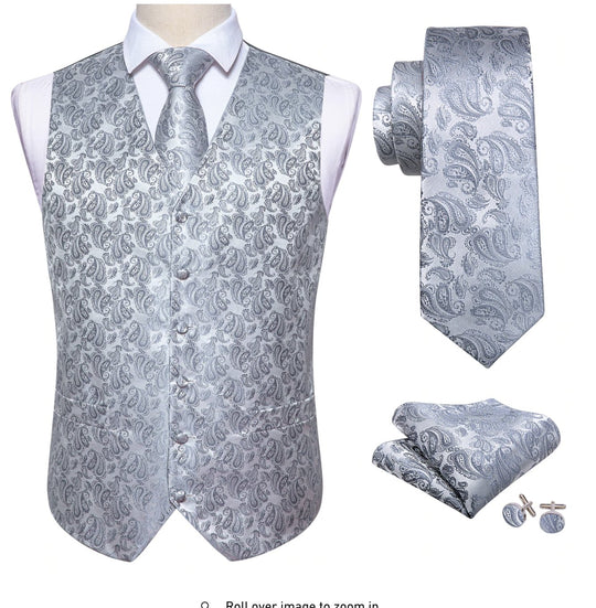 Classy Men's Grey Silver Paisley Silk Vest Necktie Pocket square Cufflinks. MJ-2019 - SimonVon Shop
