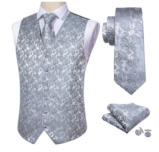 Classy Men's Grey Silver Paisley Silk Vest Necktie Pocket square Cufflinks. MJ-2019 - SimonVon Shop