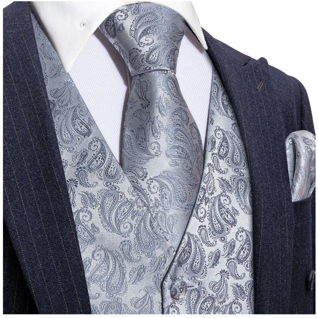 Classy Men's Grey Silver Paisley Silk Vest Necktie Pocket square Cufflinks. MJ-2019 - SimonVon Shop