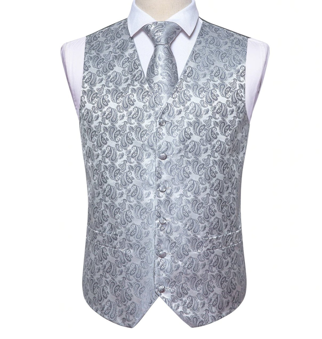 Classy Men's Grey Silver Paisley Silk Vest Necktie Pocket square Cufflinks. MJ-2019 - SimonVon Shop
