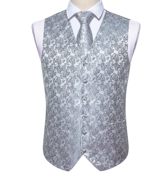 Classy Men's Grey Silver Paisley Silk Vest Necktie Pocket square Cufflinks. MJ-2019 - SimonVon Shop
