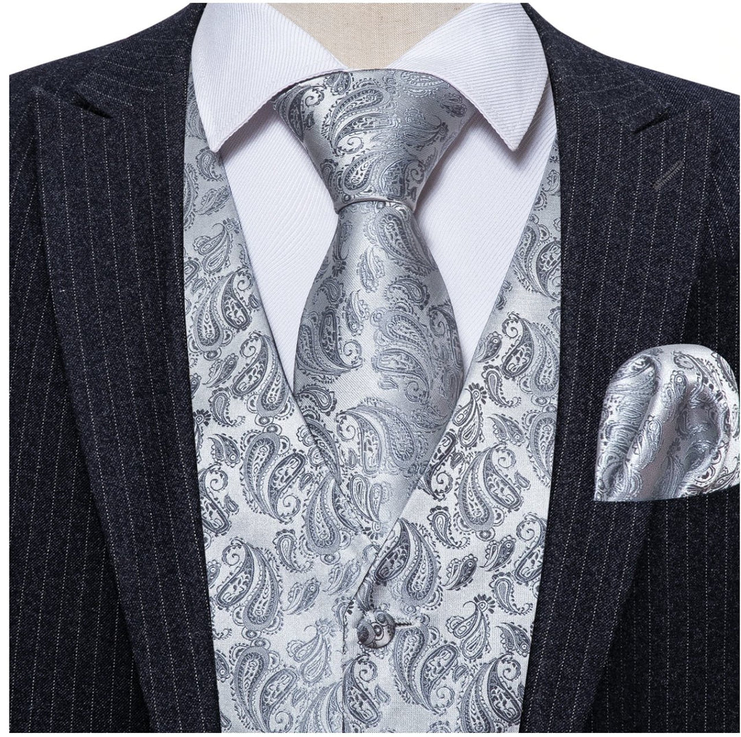 Classy Men's Grey Silver Paisley Silk Vest Necktie Pocket square Cufflinks. MJ-2019 - SimonVon Shop