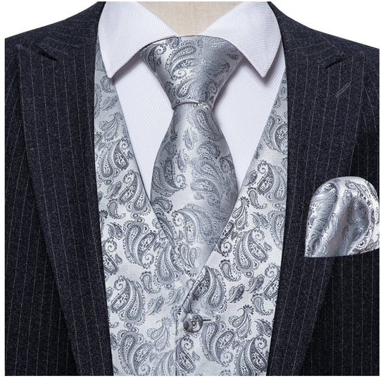 Classy Men's Grey Silver Paisley Silk Vest Necktie Pocket square Cufflinks. MJ-2019 - SimonVon Shop
