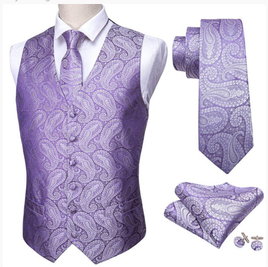Classy Men's Light Purple Paisley Silk Vest Necktie Pocket square Cufflinks - MJ-2041 - SimonVon Shop