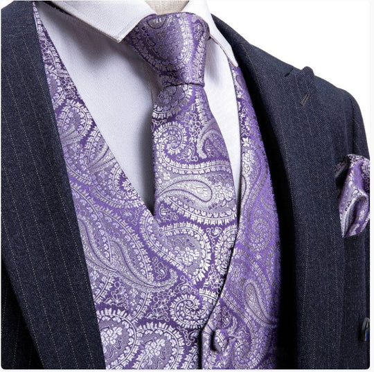 Classy Men's Light Purple Paisley Silk Vest Necktie Pocket square Cufflinks - MJ-2041 - SimonVon Shop