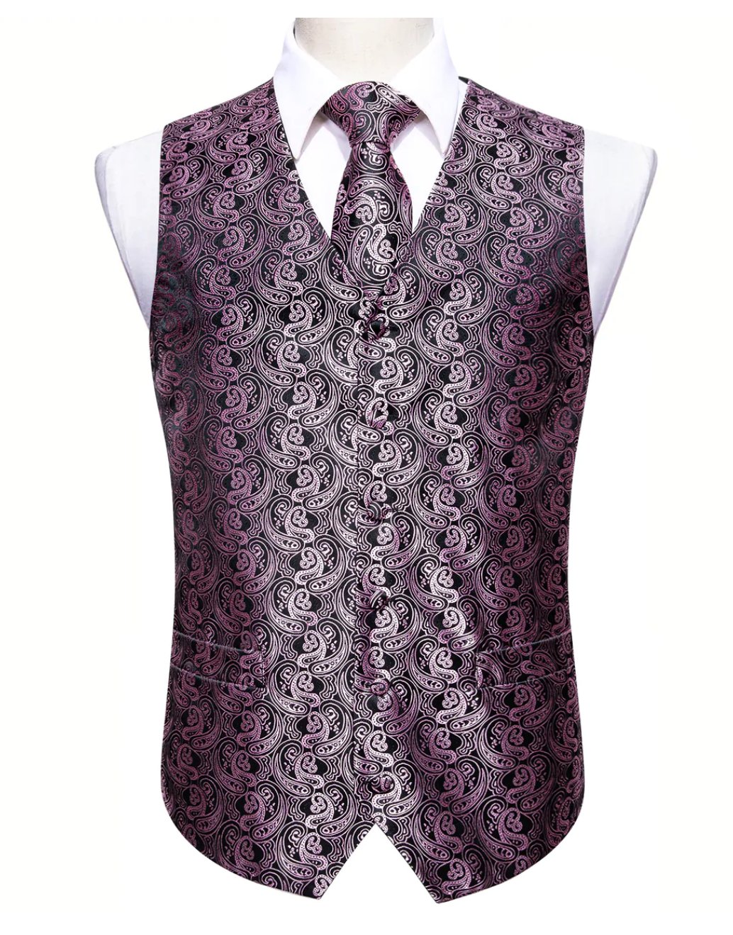 Classy Men's Pink Black Paisley Silk Vest Necktie Pocket square Cufflinks- MJ-2501 - SimonVon Shop