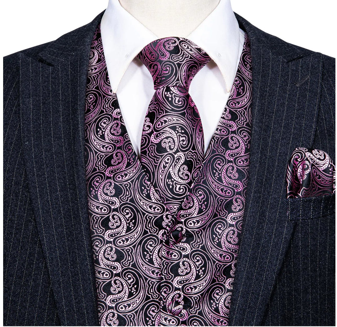 Classy Men's Pink Black Paisley Silk Vest Necktie Pocket square Cufflinks- MJ-2501 - SimonVon Shop