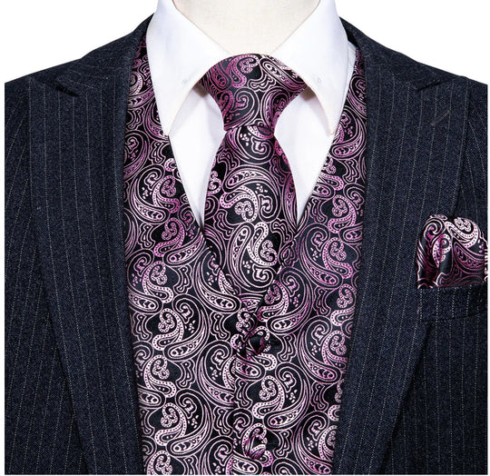 Classy Men's Pink Black Paisley Silk Vest Necktie Pocket square Cufflinks- MJ-2501 - SimonVon Shop