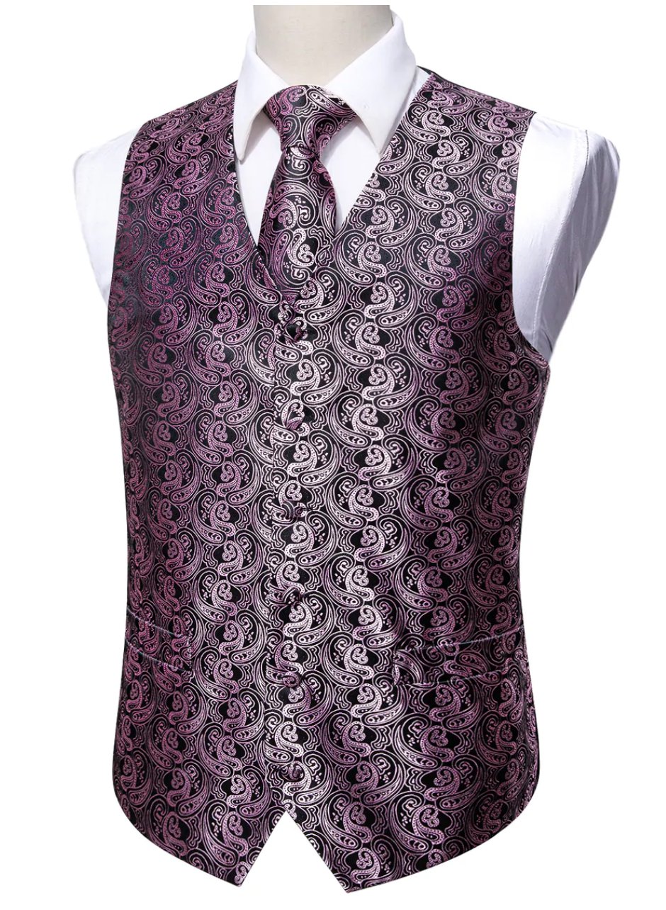 Classy Men's Pink Black Paisley Silk Vest Necktie Pocket square Cufflinks- MJ-2501 - SimonVon Shop