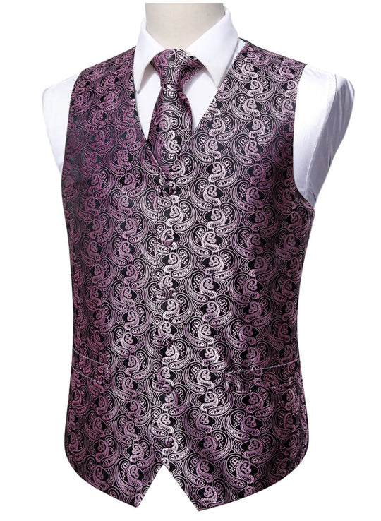 Classy Men's Pink Black Paisley Silk Vest Necktie Pocket square Cufflinks- MJ-2501 - SimonVon Shop
