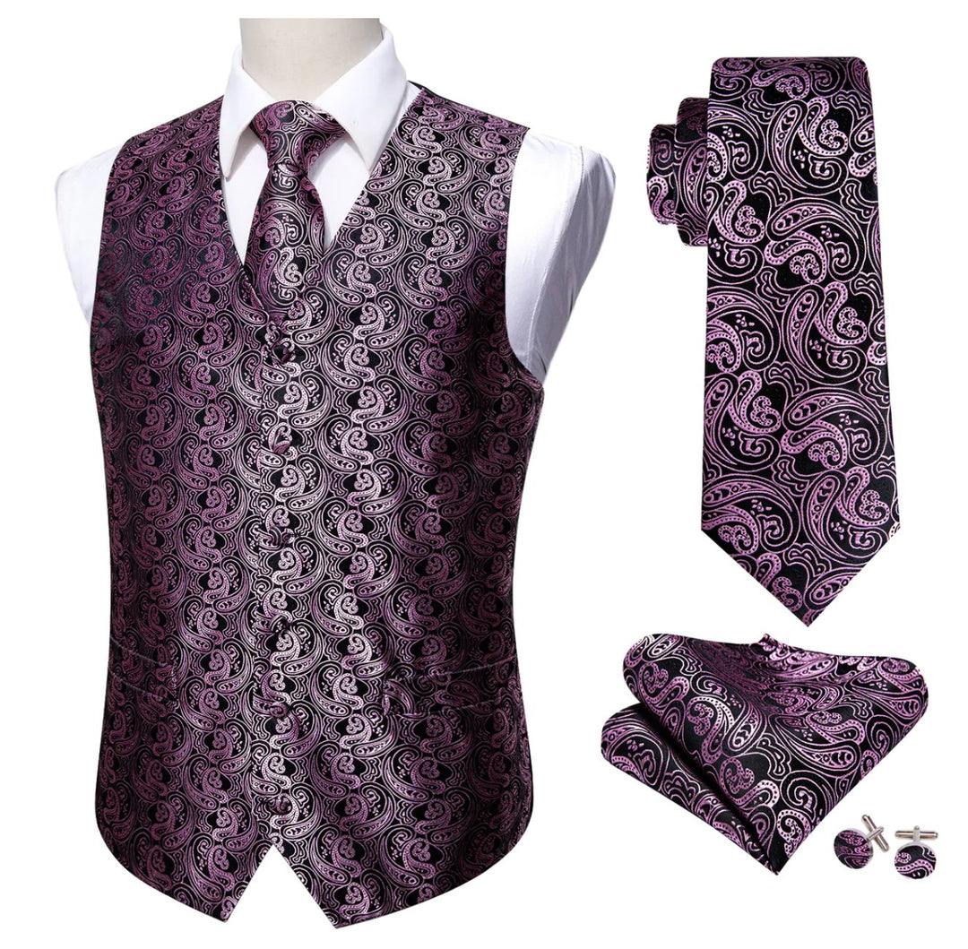 Classy Men's Pink Black Paisley Silk Vest Necktie Pocket square Cufflinks- MJ-2501 - SimonVon Shop