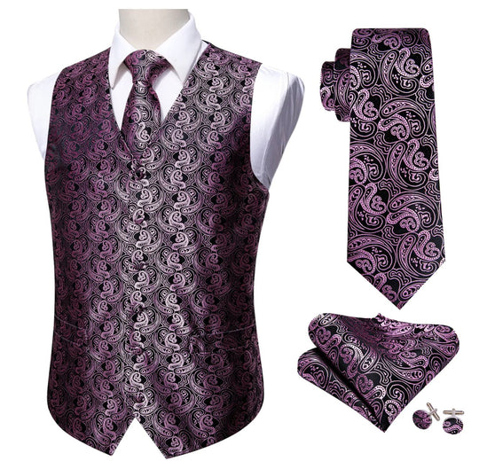 Classy Men's Pink Black Paisley Silk Vest Necktie Pocket square Cufflinks- MJ-2501 - SimonVon Shop