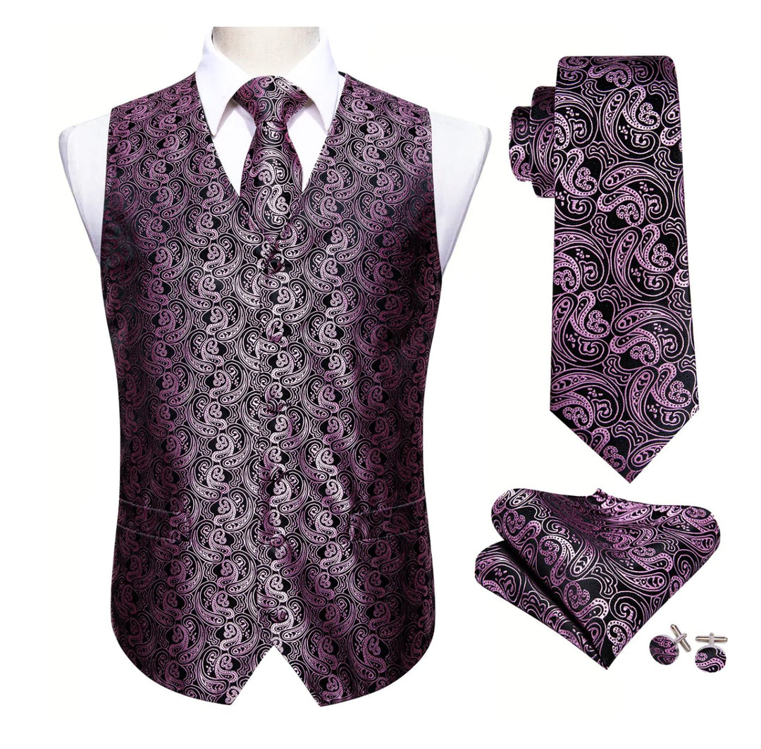 Classy Men's Pink Black Paisley Silk Vest Necktie Pocket square Cufflinks- MJ-2501 - SimonVon Shop