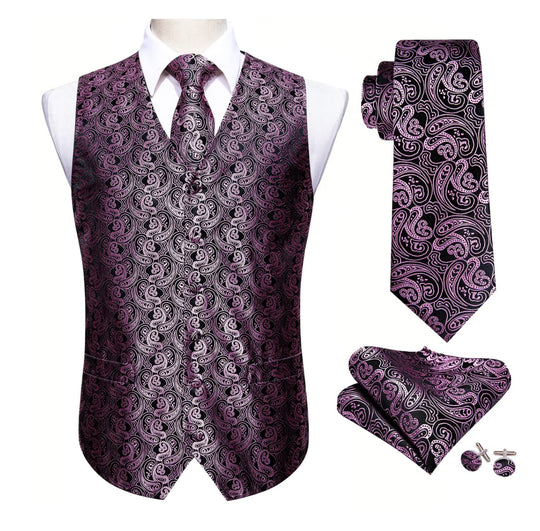 Classy Men's Pink Black Paisley Silk Vest Necktie Pocket square Cufflinks- MJ-2501 - SimonVon Shop