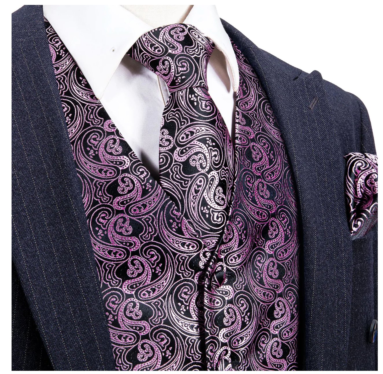 Classy Men's Pink Black Paisley Silk Vest Necktie Pocket square Cufflinks- MJ-2501 - SimonVon Shop