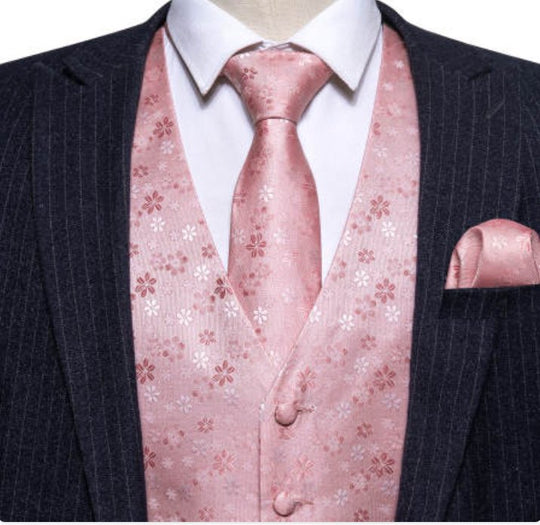 Classy Men's Pink Floral Silk Vest Necktie Pocket square Cufflinks- MJ-2088 - SimonVon Shop