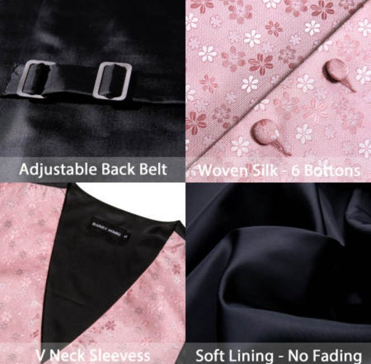 Classy Men's Pink Floral Silk Vest Necktie Pocket square Cufflinks- MJ-2088 - SimonVon Shop