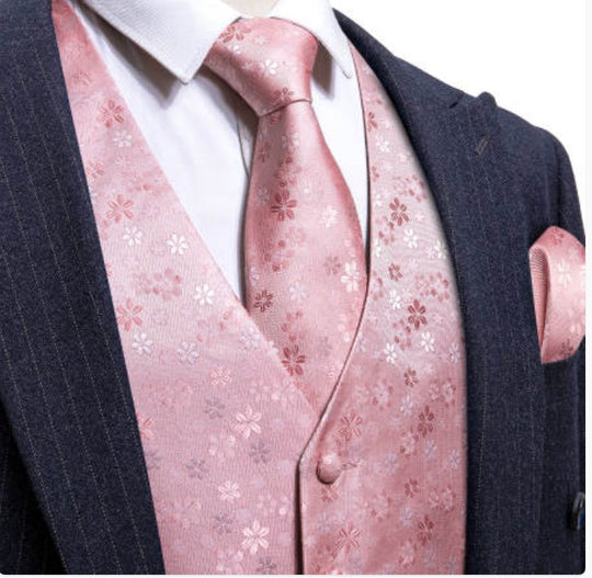 Classy Men's Pink Floral Silk Vest Necktie Pocket square Cufflinks- MJ-2088 - SimonVon Shop