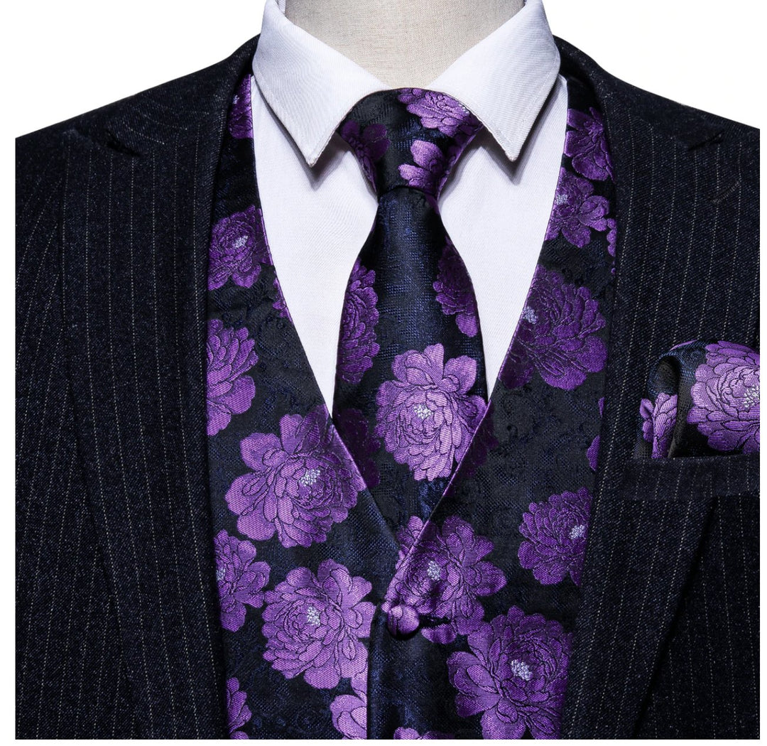 Classy Men's Purple Flower Silk Vest Necktie Pocket square Cufflinks Set.MJ-2087 - SimonVon Shop