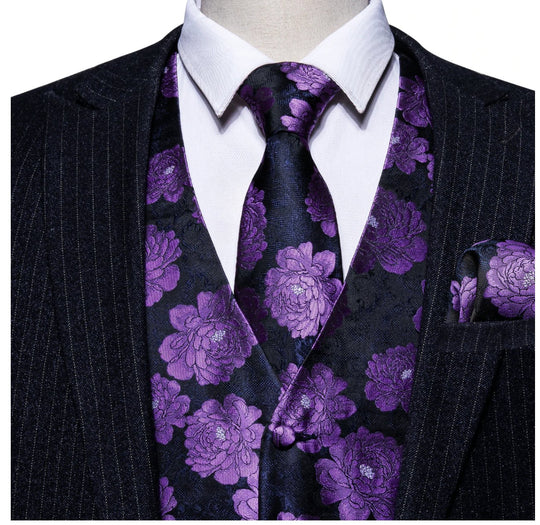 Classy Men's Purple Flower Silk Vest Necktie Pocket square Cufflinks Set.MJ-2087 - SimonVon Shop