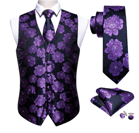 Classy Men's Purple Flower Silk Vest Necktie Pocket square Cufflinks Set.MJ-2087 - SimonVon Shop