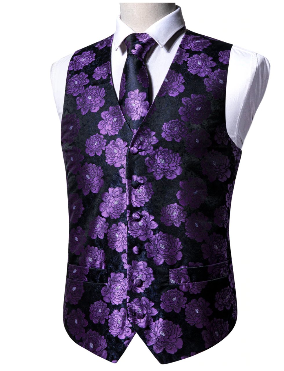 Classy Men's Purple Flower Silk Vest Necktie Pocket square Cufflinks Set.MJ-2087 - SimonVon Shop