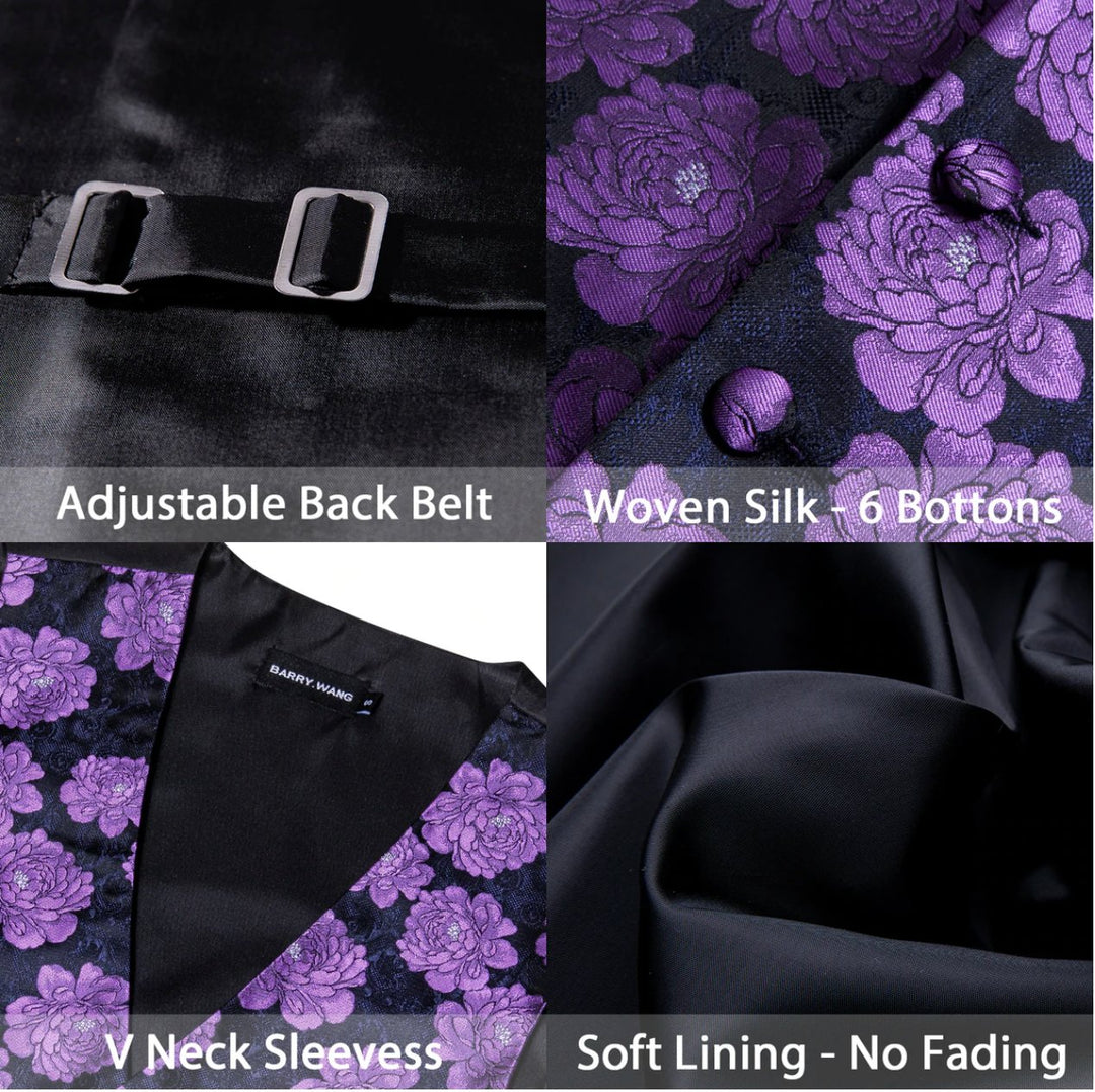 Classy Men's Purple Flower Silk Vest Necktie Pocket square Cufflinks Set.MJ-2087 - SimonVon Shop