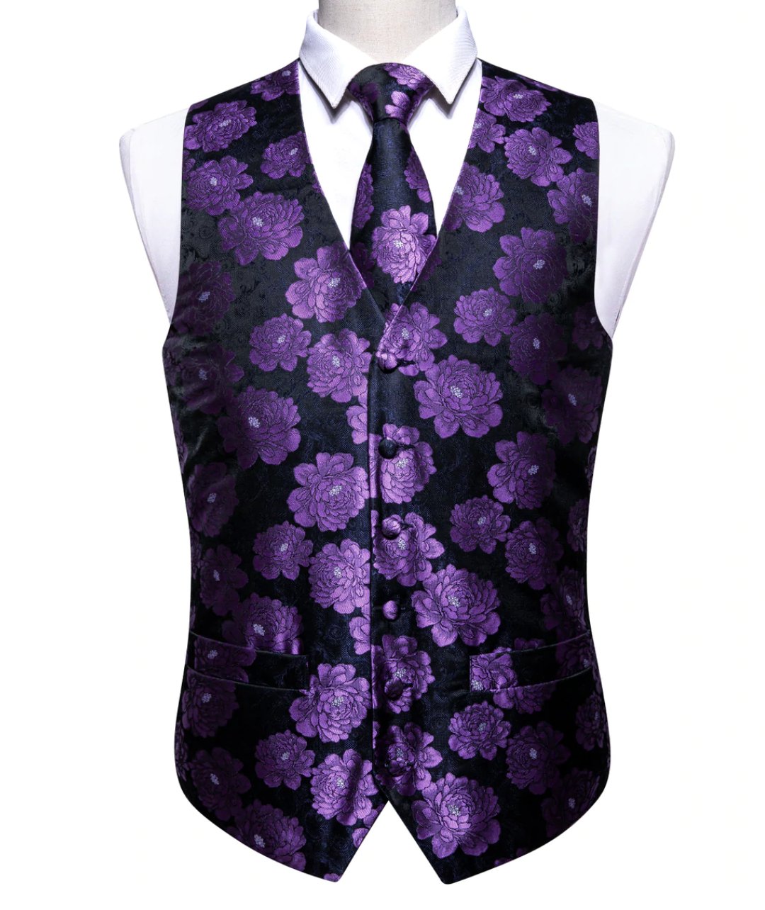 Classy Men's Purple Flower Silk Vest Necktie Pocket square Cufflinks Set.MJ-2087 - SimonVon Shop