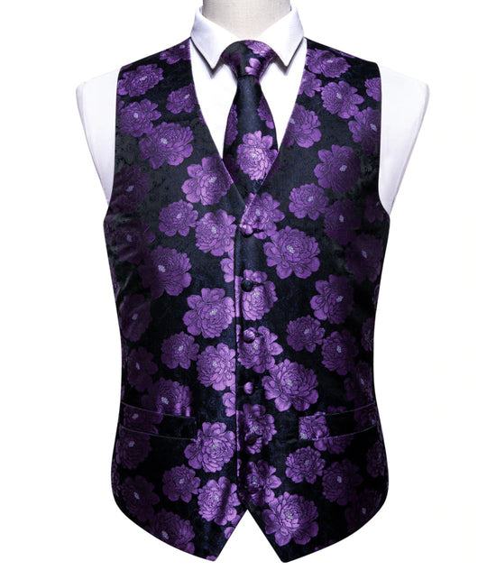 Classy Men's Purple Flower Silk Vest Necktie Pocket square Cufflinks Set.MJ-2087 - SimonVon Shop