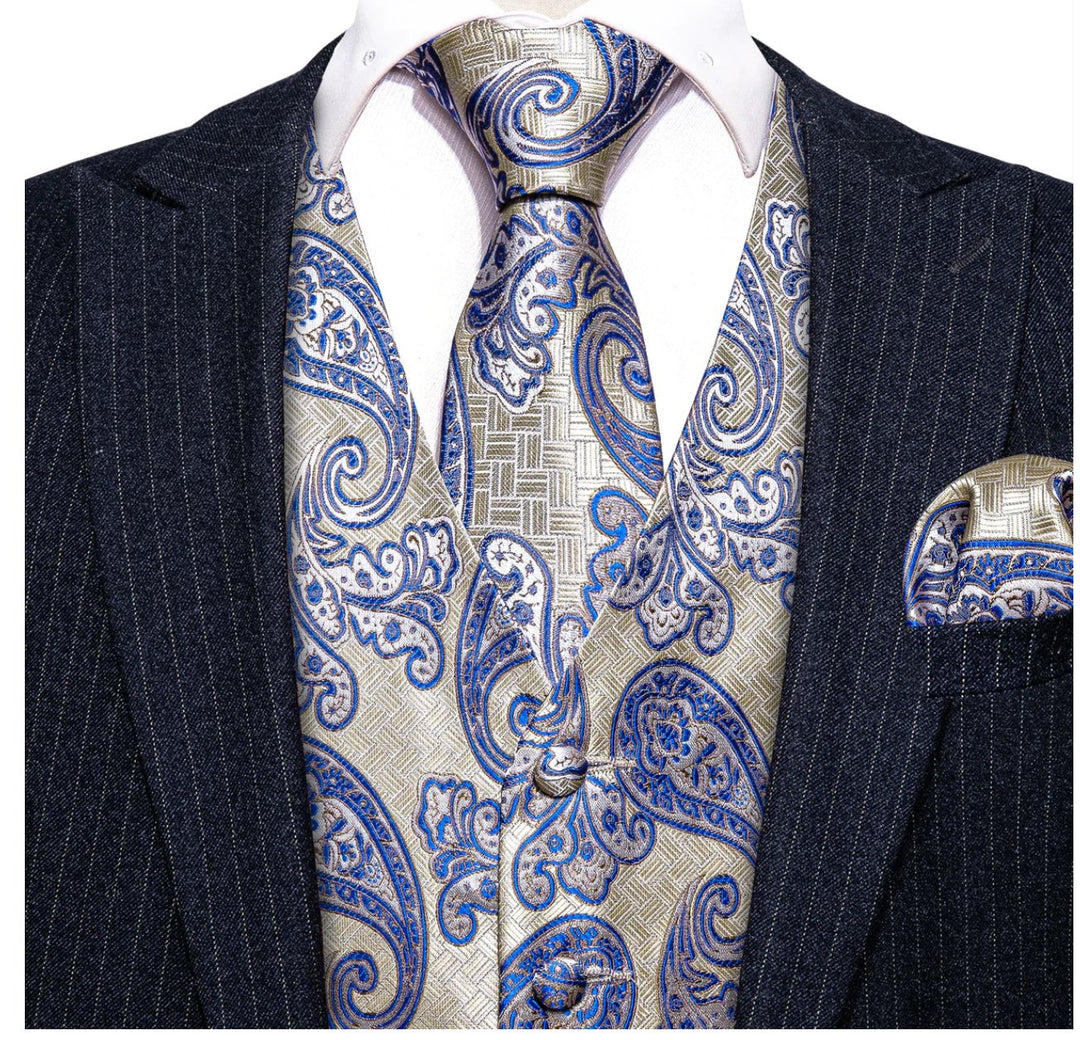 Classy Silver Blue Paisley Silk Vest Necktie Pocket Square Cufflinks Set- MJ-2589 - SimonVon Shop