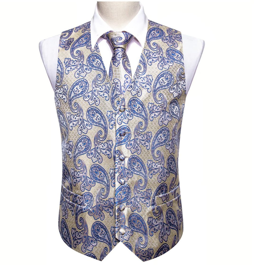 Classy Silver Blue Paisley Silk Vest Necktie Pocket Square Cufflinks Set- MJ-2589 - SimonVon Shop