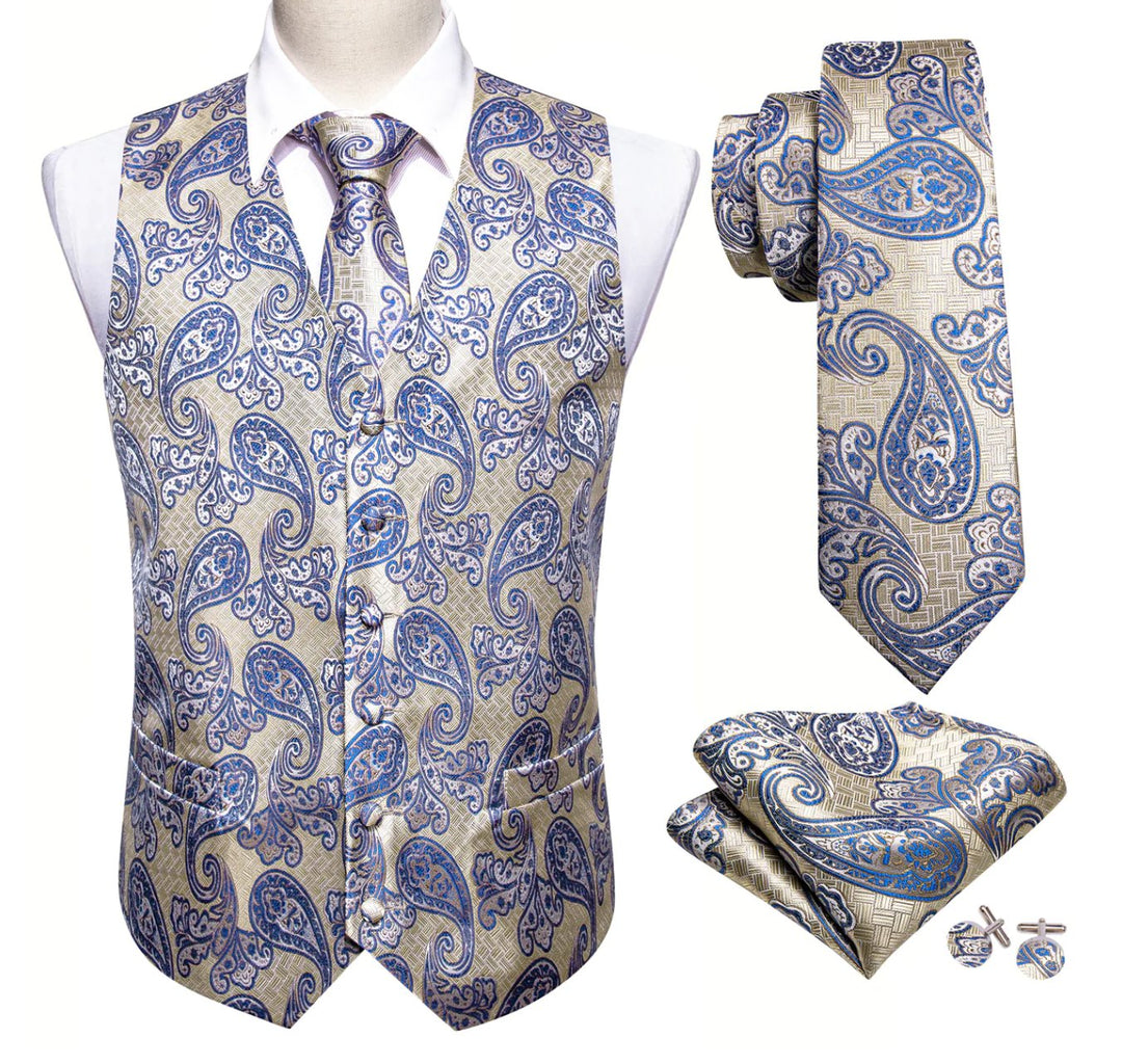 Classy Silver Blue Paisley Silk Vest Necktie Pocket Square Cufflinks Set- MJ-2589 - SimonVon Shop