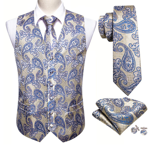 Classy Silver Blue Paisley Silk Vest Necktie Pocket Square Cufflinks Set- MJ-2589 - SimonVon Shop